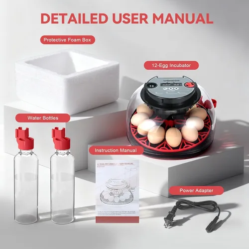 Miniatura 7 de Incubadora Digital de 12 Huevos con Volteador Automático de Huevos, Control de Humedad y Ovoscopio LED para Incubar Pollos, Patos, Codornices y Más