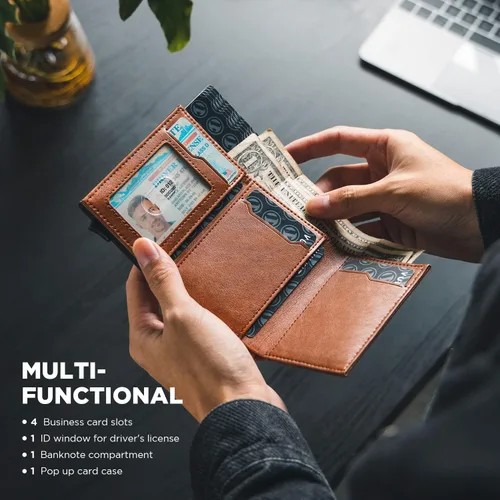 Miniatura 6 de VULKIT Tarjetero de crédito con compartimento para billetes de banco, bloqueo RFID, cartera de cuero desplegable con ventana de identificación
