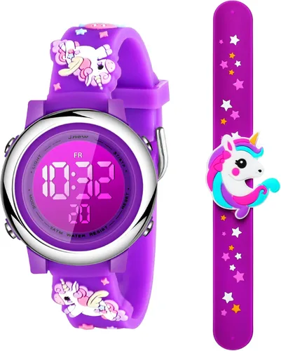 2 Pieces Kids Unicorn Watch Toddler Watch and Silicone Wristband Cute 3D Kids Digital Watch Waterproof 7 Color Lights Watch with Alarm Stopwatch
