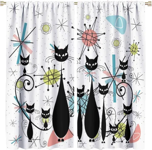 Cortinas de estilo de mediados de siglo, diseño geométrico abstracto moderno, diseño retro, estampado de gato negro, para dormitorio, sala de estar,