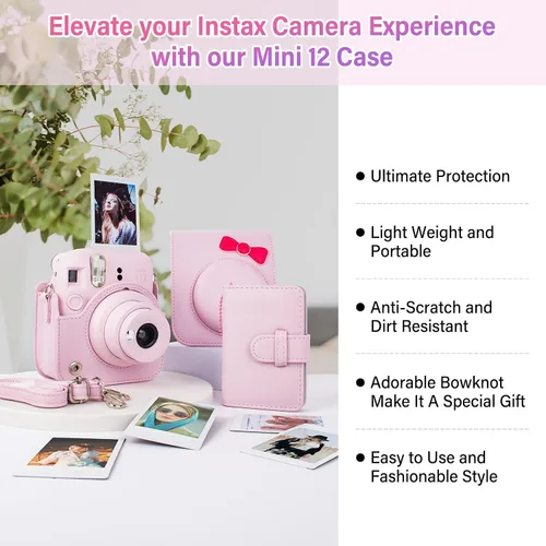Miniatura 4 de Funda para cámara instantánea Fuji Mini 12, adorable funda de piel sintética con lazo, compatible con cámara Fuji Instax Mini 12, bolsa para cámara
