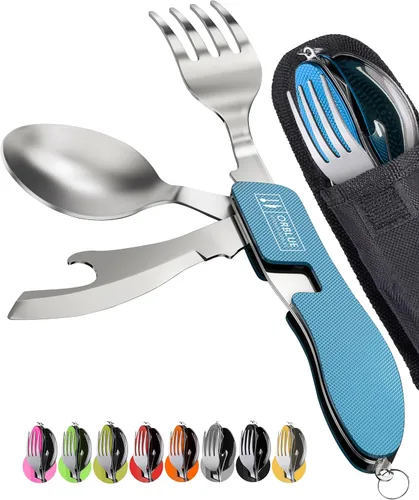 Miniatura 12 de Orblue Utensilios de comida 4 en 1, paquete de 2 – Cuchara portátil, tenedor, cuchillo y abridor de botellas – Cubiertos de acero inoxidable