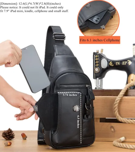 Miniatura 3 de BULLCAPTAIN Bolso bandolera de cuero genuino para hombre bandolera con soporte para teléfono celular cadena en el pecho mochila de hombro XB-520 M