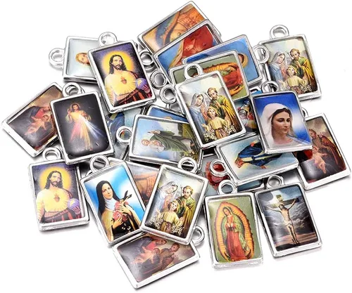 Miniatura 3 de 50 dijes rectangulares de doble cara esmaltados de Jesús con medalla milagrosa de la Virgen María, centro de rosario, cruz y cruz de maría, colgante