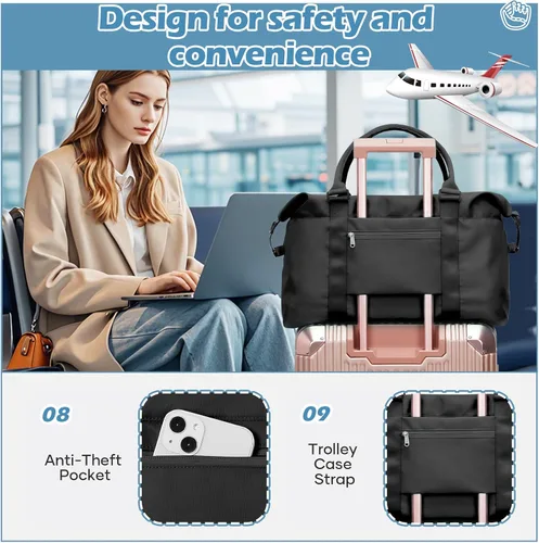 Miniatura 6 de Pequeña bolsa de gimnasio negra para mujer, elegante bolsa de viaje para avión, bolsa de lona ligera para mujeres y hombres, bolsa