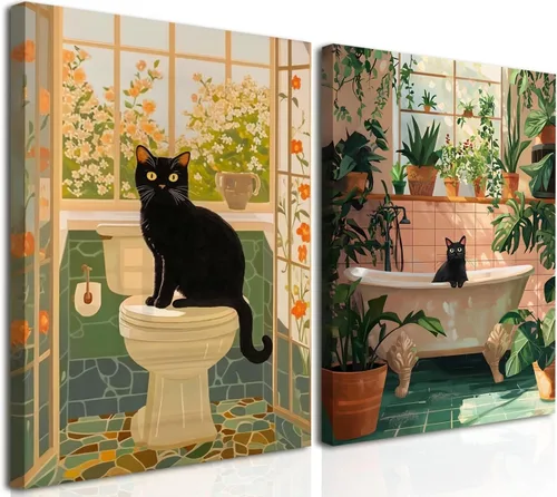 Divertido Juego de Arte de Pared de Gato Negro para Baño de 2 Piezas, Pinturas Decorativas de Pared de Gato Negro Ecléctico en Baño, Póster de