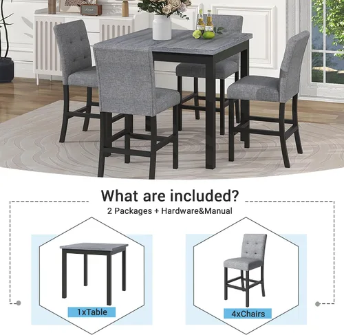 Miniatura 7 de Elegante juego de mesa de comedor, juego de comedor cuadrado de 5 piezas con altura de mostrador con 4 sillas tapizadas de respaldo alto, diseño