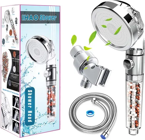 IHAO Cabezal de ducha con soporte, manguera de metal, ducha de mano de alta presión, purificador de agua dura, filtro de fluoruro de cloro, Filtro