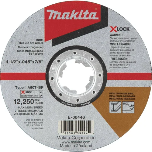 Makita E-00446 X-Lock 4-1/2" x 0.045" x 7/8" Tipo 1 Rueda de corte fina de grano 60 para corte de metal y acero inoxidable