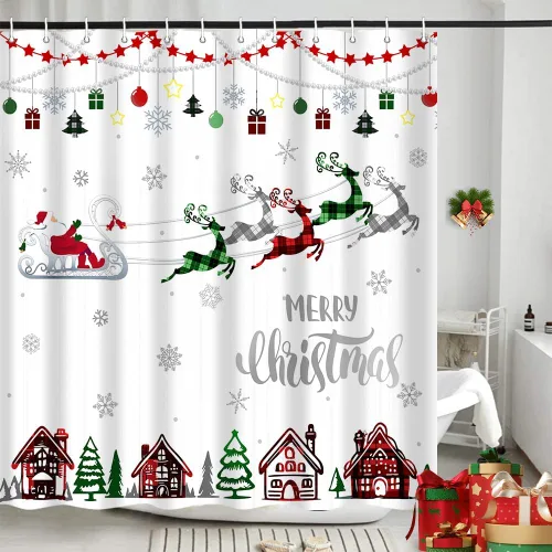 Miniatura 3 de Cortina de ducha de Feliz Navidad, trineo de Papá Noel, reno, copo de nieve, vacaciones, cuadros rojos y verdes, juego de cortinas de ducha