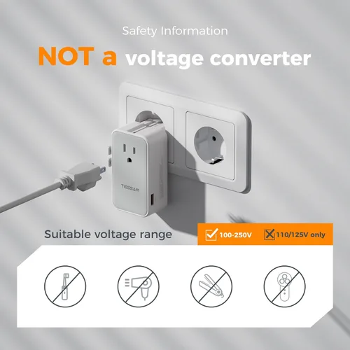 Miniatura 6 de TESSAN Adaptador de viaje universal de 70 W, adaptador de corriente internacional ultrafino con 4 puertos USB (3 USB C), adaptador de enchufe Gris