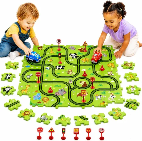 Miniatura 8 de Bennol Juego de Pistas de Autos de Carreras Rompecabezas de 56 Piezas Juguetes para Niños, Rompecabezas de Piso Pistas de Autos Regalos para Niños
