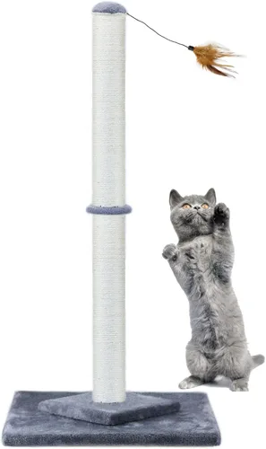 HUTPET Poste rascador para gatos de 34 pulgadas de alto, doble base y diseño de refuerzo, postes de sisal para rascar árboles con juguetes de plumas