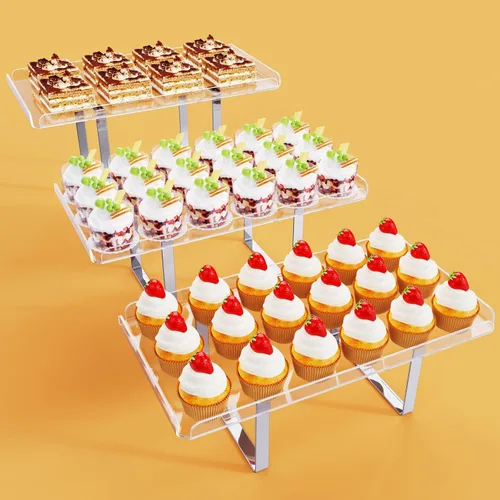 Bakzon Soporte de 3 piezas para cupcakes, juego de mesa de postres de acrílico transparente con patas de soporte de hierro para cumpleaños,