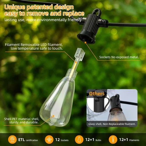 Miniatura 2 de Guirnalda de luces LED para exteriores, 25 pies, impermeables, para patio, con 12+1 bombillas Edison ST38 inastillables, luz colgante blanca cálida