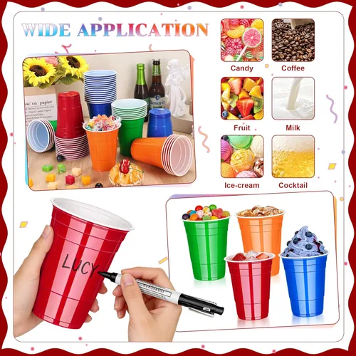 Miniatura 6 de KesaPlan Paquete de 100 vasos de plástico neón de 16 onzas en verde, rojo, naranja y azul, desechables coloridos para fiestas, bebidas frías a Verde