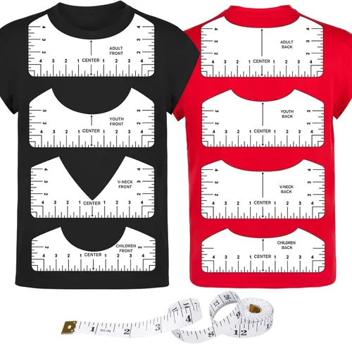 Miniatura 5 de 9 piezas de regla de camiseta guía de vinilo central, cuello en V transparente/regla redonda de PVC para alineación, prensa de calor, niños