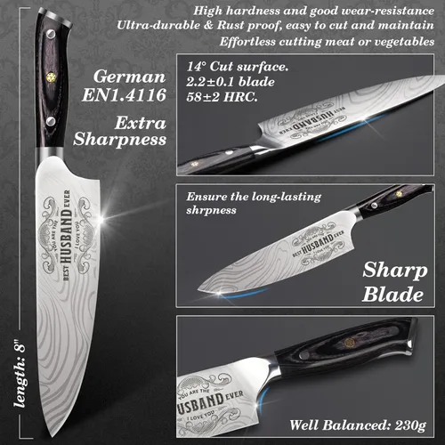 Miniatura 3 de Funistree Regalos para el día del padre para hombres, él, esposo de esposa, cuchillo de chef profesional alemán 1.4116 de 8 pulgadas, cuchillo