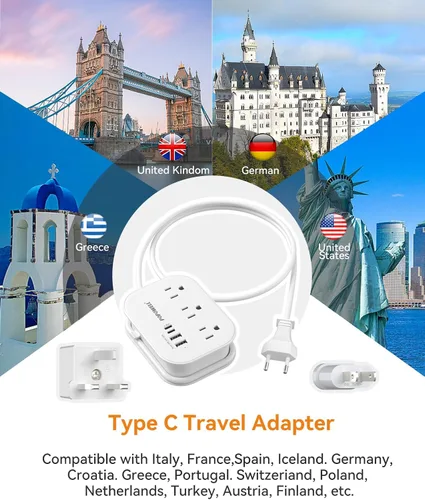 Miniatura 3 de Adaptador de enchufe europeo, regleta de alimentación de viaje UE/Reino Unido/EE. UU. con 3 salidas y 4 puertos USB (3.4A), adaptador de corriente