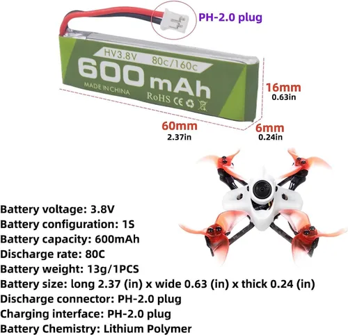 Miniatura 2 de 3 unidades 1S 3.8V 80C 600mAh batería de litio con conector JST-PH 2.0 enchufe adecuado para Cineahoop Tinyhawk Mini FPV Racing Drone RC control