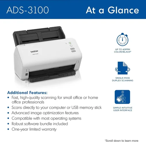 Miniatura 3 de Brother ADS-3100 - Escáner de escritorio de alta velocidad Compacto con velocidades de escaneo de hasta 40 ppm, blanco