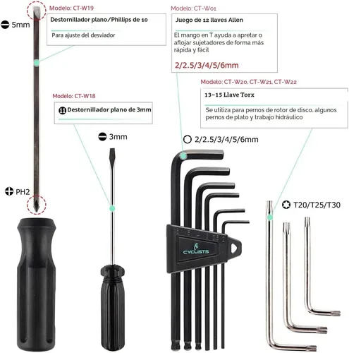 Miniatura 6 de Kit de 23 piezas de herramientas para bicicleta - Juego de herramientas de reparación de bicicletas compatible - Juego de herramientas
