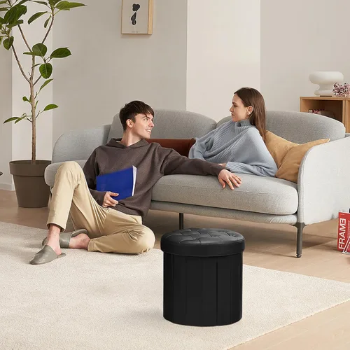 Miniatura 6 de Bsketa® Otomana plegable redonda de almacenamiento de 14 x 14 x 13 pulgadas, taburete de pie con asiento acolchado de espuma más gruesa, banco Negro