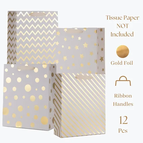 Miniatura 3 de UNIQOOO 12 bolsas de regalo de Navidad doradas metálicas a granel con asa, grandes de 12.5 x 10 pulgadas, bolsas de papel geométrico moderno surtido