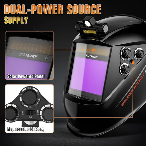 Miniatura 5 de TRQWH Casco de soldadura con vista grande 3.94" x 3.15" con oscurecimiento automático, capucha de soldadura con luz LED, energía solar, color real