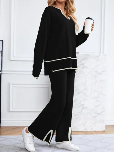 Miniatura 2 de SuperPrity Conjunto de 2 piezas de suéter para mujer, con cuello de muesca, manga larga, suéter de punto y pierna ancha