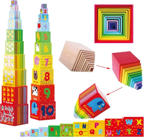 Cajas de apilamiento de madera TOWO - Tazas anidadas y de clasificación con números, alfabeto, animales y bloques para niños pequeños - Cubos de