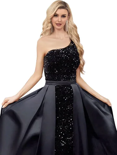 Miniatura 3 de Vestido de fiesta de lentejuelas de un hombro 2025 con vestido de baile de satén desmontable, vestidos de noche formales brillantes para mujer