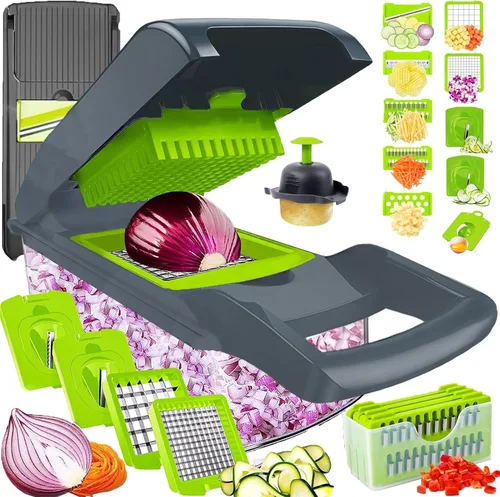 Miniatura 7 de Picador de verduras, picador de cebolla, picador de alimentos multifuncional 13 en 1, cortador de verduras de cocina, picador de verduras Gris