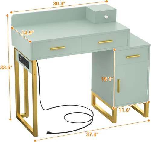 Miniatura 3 de Mesa de tocador con 4 cajones de almacenamiento - Mesa de tocador de maquillaje moderna con estación de carga, mesa de tocador cian con gabinete