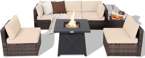 Tangkula Patiojoy - Juego de muebles de patio de 7 piezas con mesa para fogata, juego de sofá de conversación de ratán para exteriores con mesa