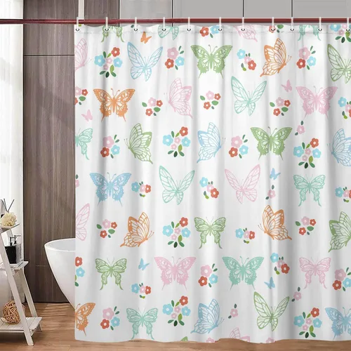 Miniatura 4 de Cortina de ducha con diseño de mariposas, diseño floral, moderna, femenina, para baño, accesorios de baño para niños con ganchos, 47 x 64 pulgadas