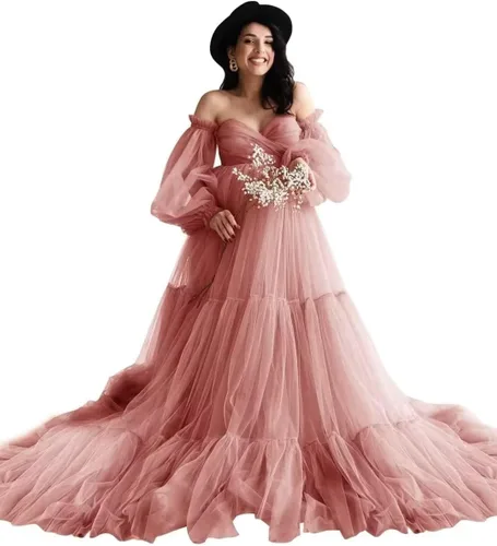 Vestidos de maternidad de tul para sesión de fotos, batas de hombros descubiertos, manga larga, lencería nupcial, baby shower, vestidos de embarazo