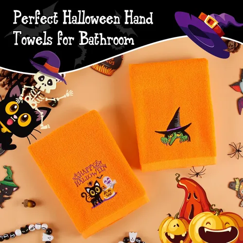 Miniatura 6 de Quera Paquete de 2 toallas de mano de Halloween, 100% algodón, bordadas, decoración de lujo de primera calidad, juego de toallas decorativas
