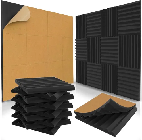 Paquete de 12 paneles acústicos autoadhesivos de 1 x 12 x 12 pulgadas, espuma acústica, cuñas de espuma de estudio, paneles de alta densidad, cuñas