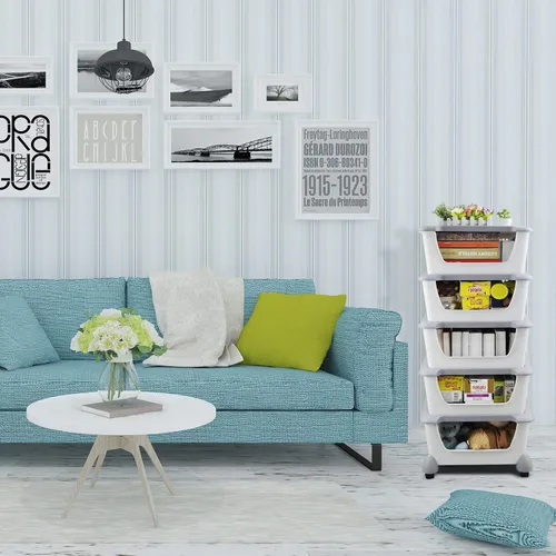 Miniatura 8 de Morcte Paquete de 5 cestas de almacenamiento apilables de plástico con tapas, cesta organizadora apilable con ruedas, color gris Stacking