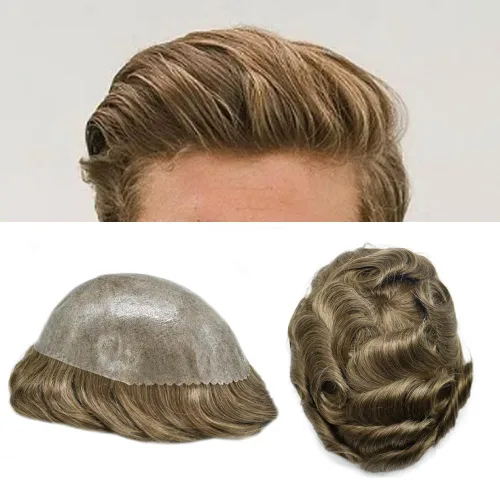 Miniatura 44 de Toupee para hombres Sistema de reemplazo de cabello humano real para hombres Completo PU Mens Hairpiece de aspecto natural para hombre piezas