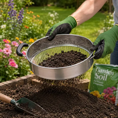 Miniatura 6 de Tamiz de suelo multiusos con mango Incluye 4 mallas intercambiables Ideal para tamizar suelo, rocas, compost y desechos