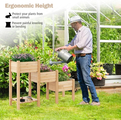 Miniatura 5 de Giantex Juego de 3 camas de jardín elevadas, jardinera de madera con estante de almacenamiento, camas elevadas para frutas, verduras, flores, Natural
