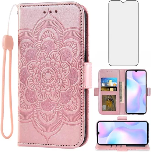 Asuwish Compatible con Xiaomi Redmi 9A Redme 9i Funda tipo cartera y protector de pantalla de vidrio templado Funda de cuero con tapa para tarjeta