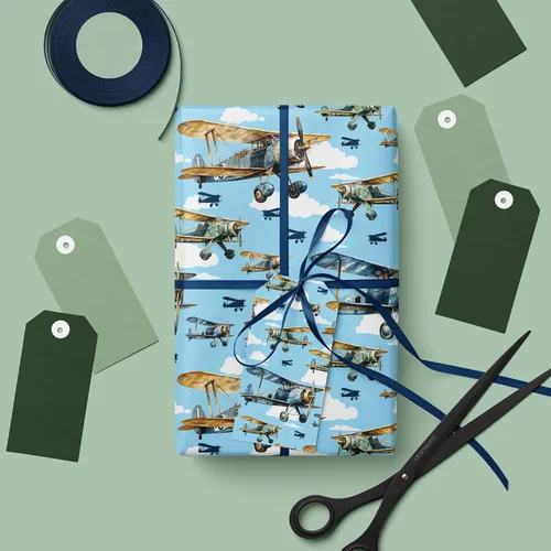 Miniatura 7 de Dtiafu Rollo de papel de regalo de avión – Envoltura de regalo de aviones vintage con diseño de nube de cielo azul para niños, baby shower