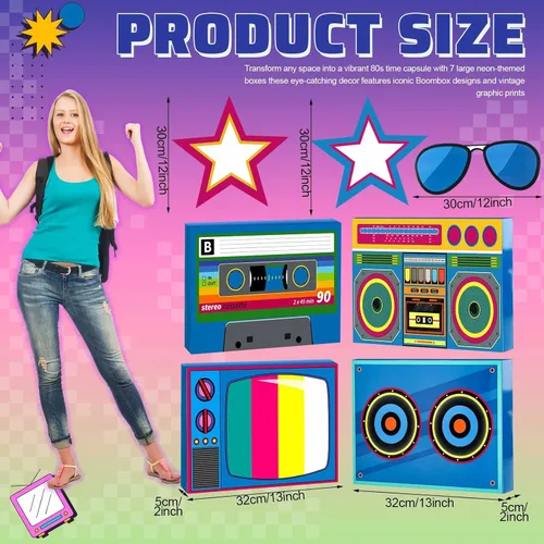 Miniatura 2 de Weekgrat Juego de 7 piezas de decoraciones de fiesta de los años 80 y 90 en 3D, juego de recuerdos de hip hop, cajas de casete de papel para retro