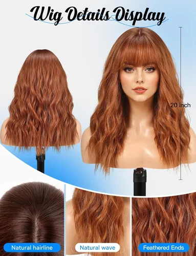 Miniatura 3 de HAIRCUBE Peluca larga con flequillo, pelucas sintéticas onduladas para mujer, color castaño rojizo