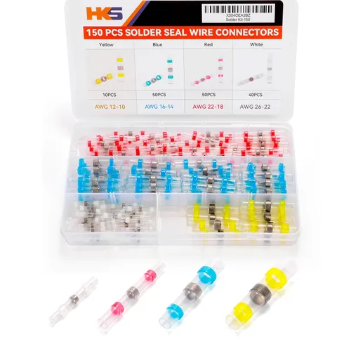HKS Kit de conectores de alambre de sellado de soldadura de 150 piezas, terminales a tope termocontraíbles impermeables, 26-10 AWG, reparación de