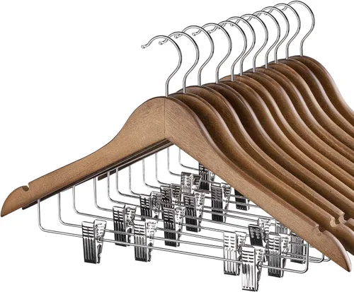 HOUSE DAY Perchas de madera con clips, paquete de 12 perchas de madera de nogal resistente, colgador de falda de alta calidad con clips ajustables,