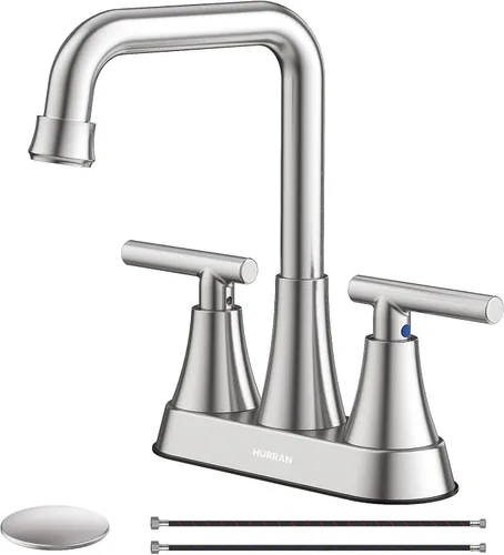 Grifo para Lavabo de Baño, Hurran Grifos de Baño de Níquel Cepillado de 4 Pulgadas para Lavabo de 3 Agujeros con Desagüe Pop-up y Líneas de
